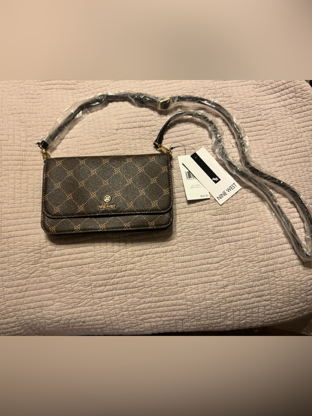 Nine West Brown Monogram Crossbody Bag with Gold Hardware